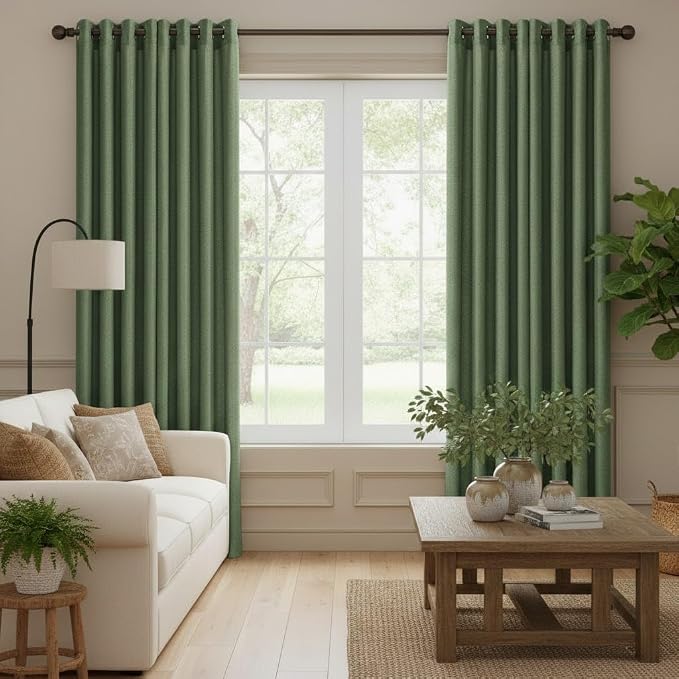 NICETOWN Olive Green Linen Curtains 84 Inches Long 2 Panels for Bedroom Living Room, Privacy Linen Textured Window Drapes Semi Sheer Light Filtering Grommet Christmas Curtains, 52" W x 84" L