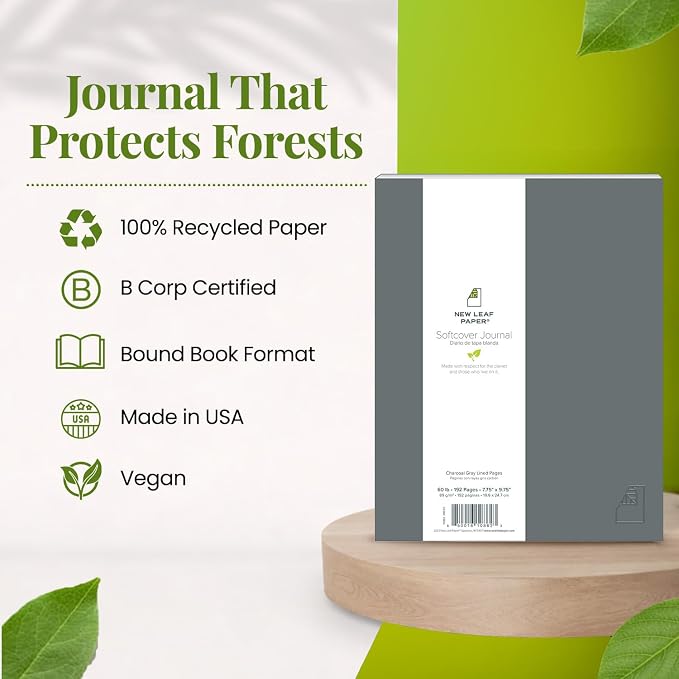 Softcover Journal, Solid Color Cover Charcoal Gray, 9.75" x 7.75", 192 Pages - Lined, Embossed Cover, 100% Post-Consumer Recycled Paper