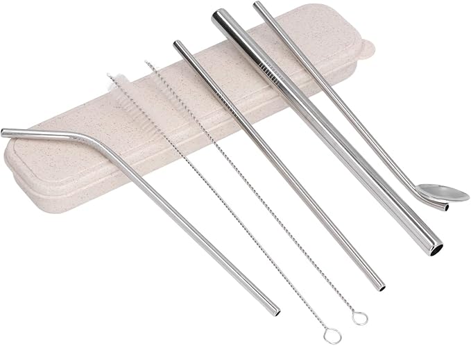 Reusable Stainless Steel Drinking Straws Set, Metal Straws Free Dishwasher Safe with 2 Brushes, Ideal for Cocktails Parties Picnics (Silver)