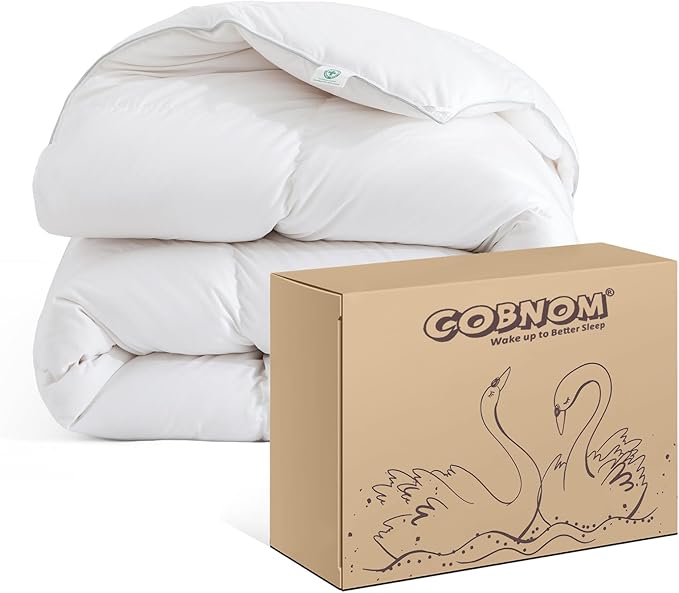 Cobnom® Feather and Down Fibres Comforter Twin Size - 100% Organic Cotton, Quill-Free & Ethical, Luxury All Season Duvet Insert (White, 68x90 Inches)