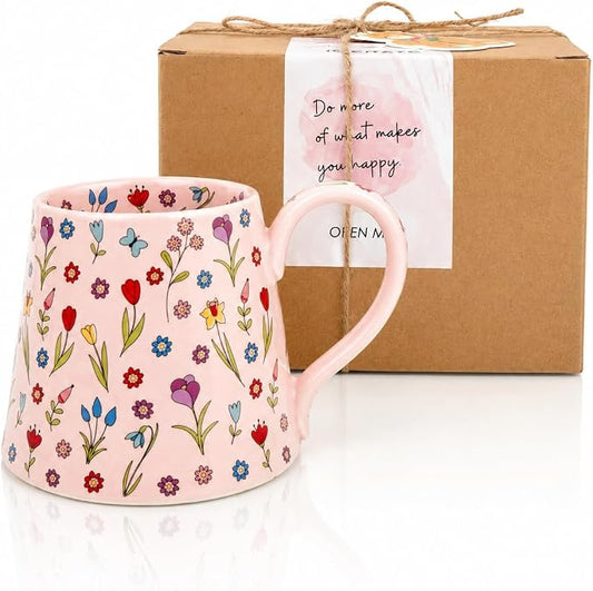 Coffee Mug Espresso Cup Ceramic Flower Porcelain Handmade Cup with Floral Design-Pink