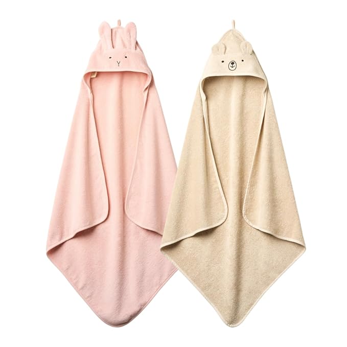 Hooded Baby Towels – 100% Organic Cotton Baby Bath Towels – Baby Girl Newborn Essentials - Super-Soft and Absorbent. (2-Pack Rabbit Blush and Bear Fog)