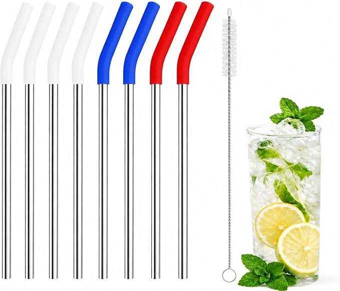 Reusable Stainless Steel Straws with Silicone Tips, Set of 8, BPA-Free, Dishwasher Safe, with Cleaning Brush