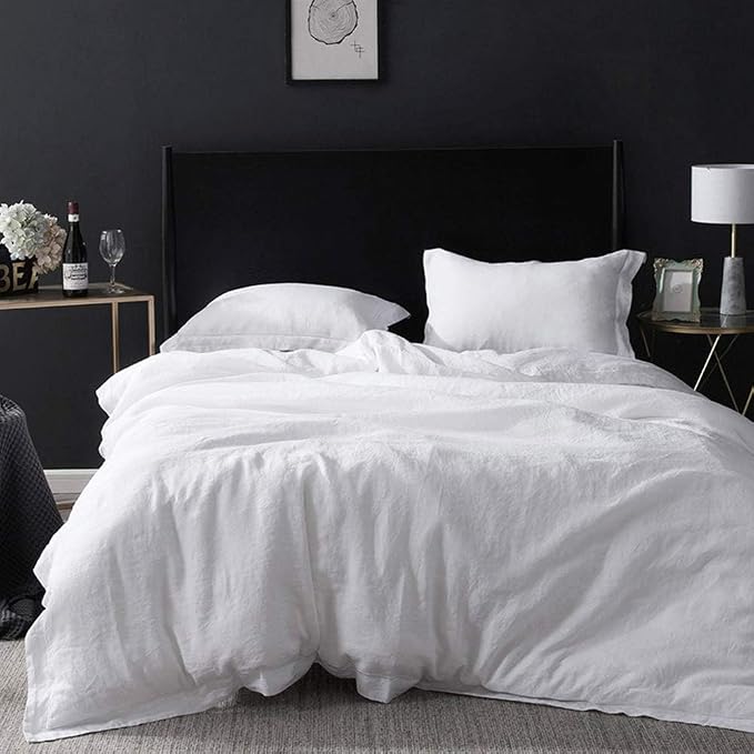 Simple&Opulence 100% Linen Duvet Cover Set with Embroidery Border Washed - 2 Pieces (1 Duvet Cover & 1 Pillow Sham) with Button Closure Soft Breathable Farmhouse - White, Twin Size