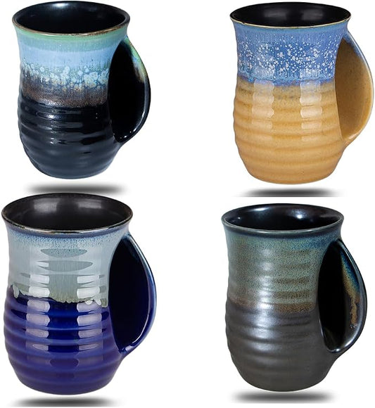 Hand Warmer Mugs Set of 4,16 Ounce Large Hand Warming Mugs Ceramic Gift for Christmas with Contoured Pocket, Keep Your Fingers Warmth(Grey Brown Purple Blue)