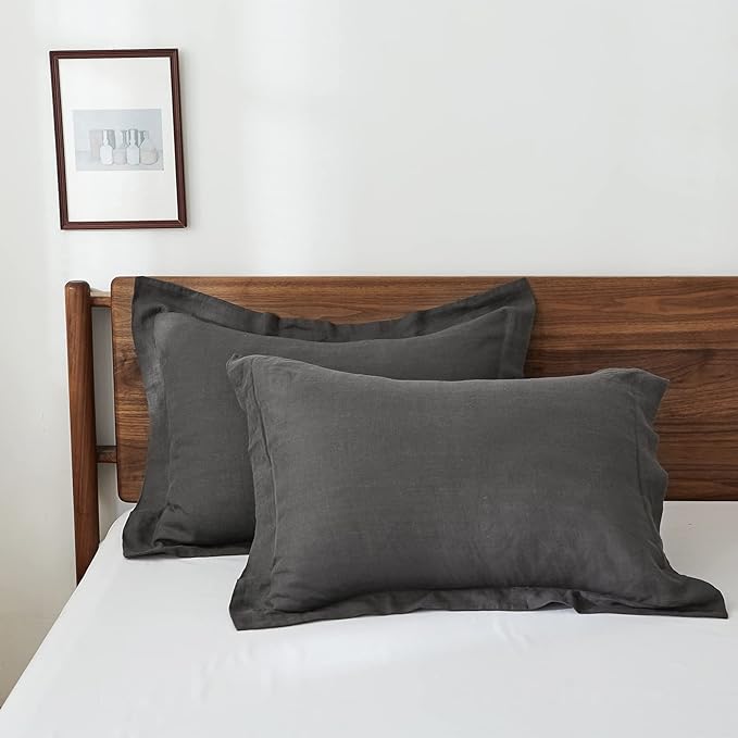 100% French Linen Pillow Shams Basic Style - Pack of 2 - Washed Solid Color Natural Flax Soft Breathable - Dark Grey, 20'' x 36''