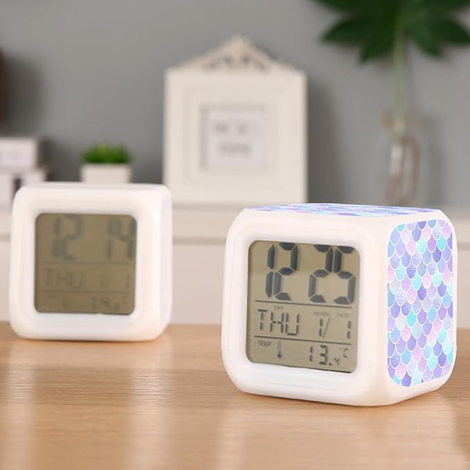 Digital Alarm Clock,Mermaid Tail Pattern 7 Color Change LED Digital Alarm Clock with Date Thermometer for Toddlers,Girls and Boys