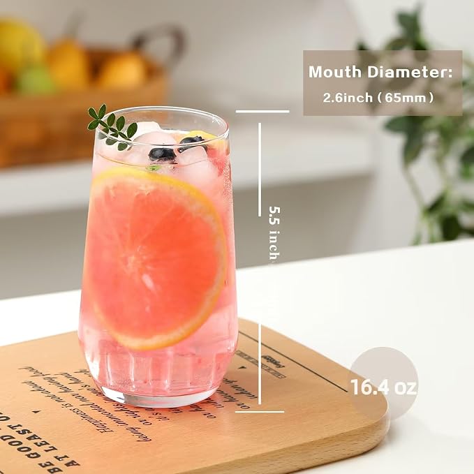 Wlasss Drinking Glasses Set of 6, 16.4 oz Crystal Water Glasses,Tall Glass Cups,Highball Glass for Cocktail,Juice,Mojito,Iced Tea,Kitchen and Bar Glassware,Gifts for Christmas