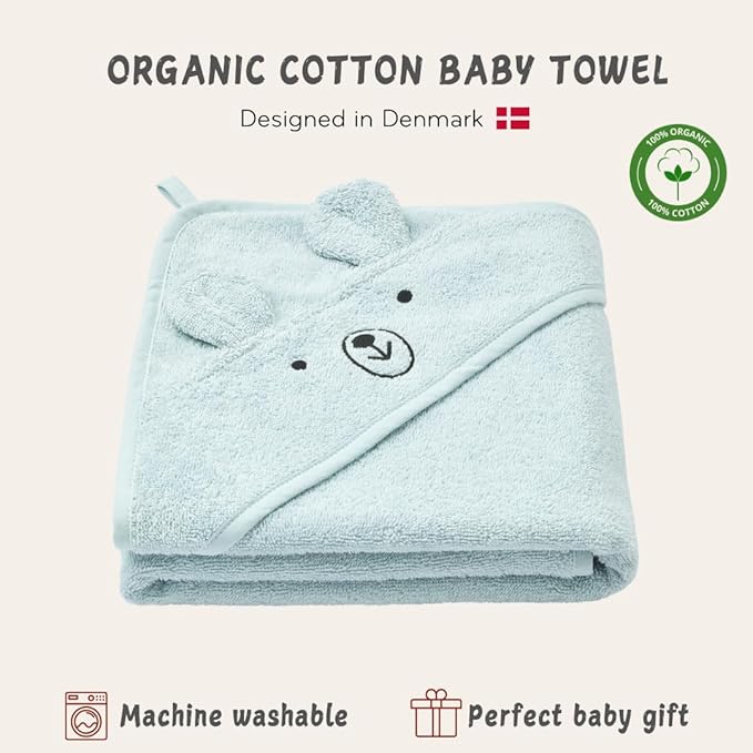 Hooded Baby Towel – 100% Organic Cotton Baby Bath Towels – Baby Boy Newborn Essentials - Super-Soft and Absorbent. (Bear - Baby Blue)