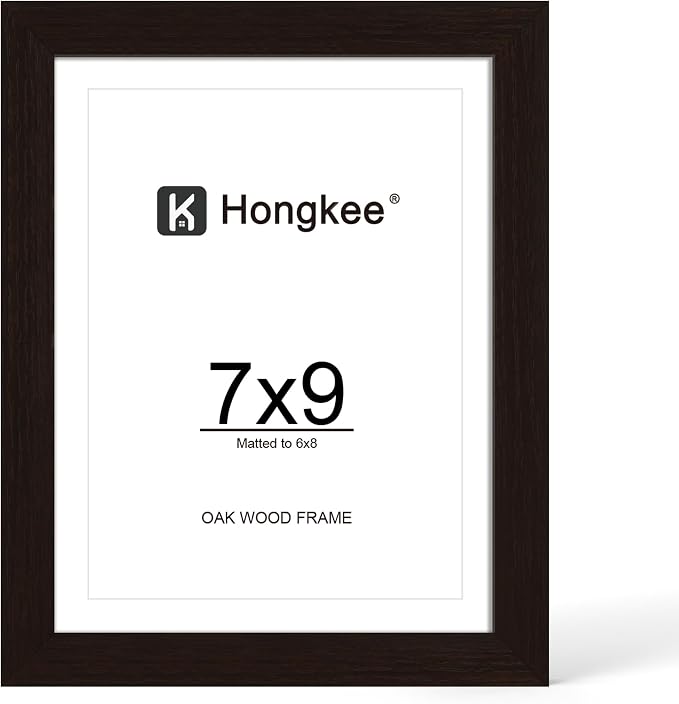 Hongkee 7x9 Oak Wood Picture Frame 1 Pack(Matted 6x8) with Real Glass Cover | Black, 7 x 9 Solid Wood Frame for Wall or Tabletop Display - Includes Easel Back, Vertical Hang - Ideal for Home, Office