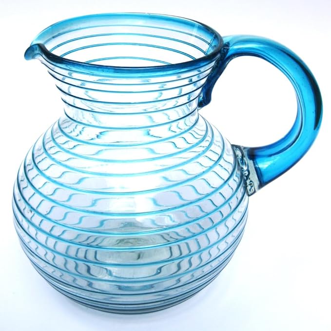 Aqua Blue Spiral 120 oz Large Bola Pitcher, Recycled Glass, Lead-free, Toxin-Free (Pitcher)