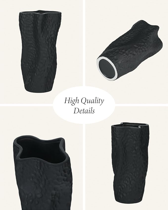 Black Matte Ceramic Vase, 9.9 Inch Organic Nature Shape, OOSTONEE Modern Wabi Sabi Decor Gothic Unique Flower Vase for Home, Living Room, Bedroom, Dining Table, Centerpiece Decor