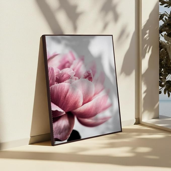 Monem Art Pink Peony Macro Photography Print - Minimalist Floral Art Poster - Wall Decor for Living Room, Bedroom or Office - 12x16 Brown Framed CANVAS Wall Art by Mareike Bohmer