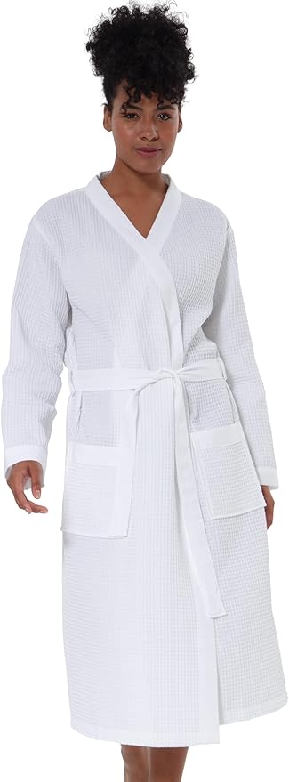 SEYANTE Women's Organic Cotton Waffle Kimono, Hooded Robe – GOTS Certified Lightweight Full-Length Spa Bathrobe with Piping