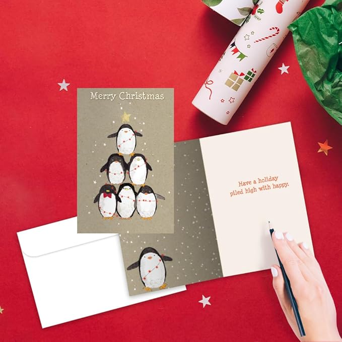 Tree-Free Greetings - Season's Greeting Card - Artful Designs - 1 Card + Matching Envelopes - Made in USA - 100% Recycled Paper - 5"x7" - Penguin Pile (FS93532)