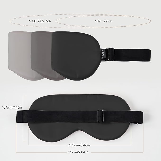 THXSILK 100% Pure 19 Momme Mulberry Silk Sleep Eye Mask Super Smooth Cooling Blackout for Women/Man/Kids Eye Cover with Wide Head Strap Good Night Sleep Comfortable Travel and Nap, Black