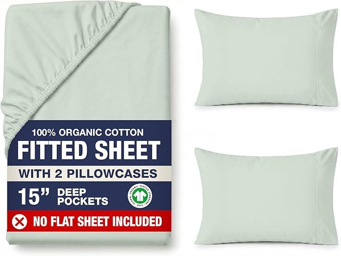 LANE LINEN King Fitted Sheet, 100% Organic Cotton, 3-Piece Set (1 Fitted Sheet,2 Pillowcases), Percale Weave, Ultra Soft, Breathable,Fits Mattress Upto 15" Deep - Cool Blue(No Flat Sheet)