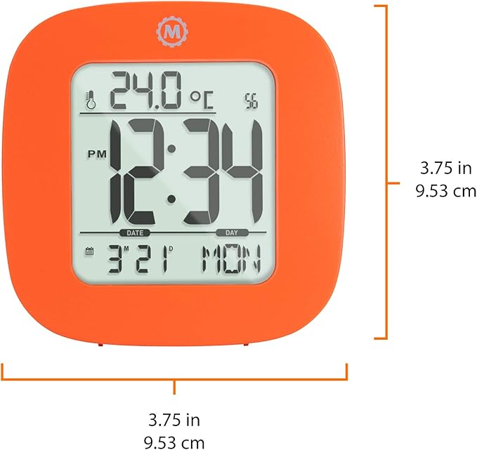 MARATHON Compact Alarm Clock with Temperature & Date, Orange - Large, Easy to Read Display with Backlight - Easy to Set Up & Use