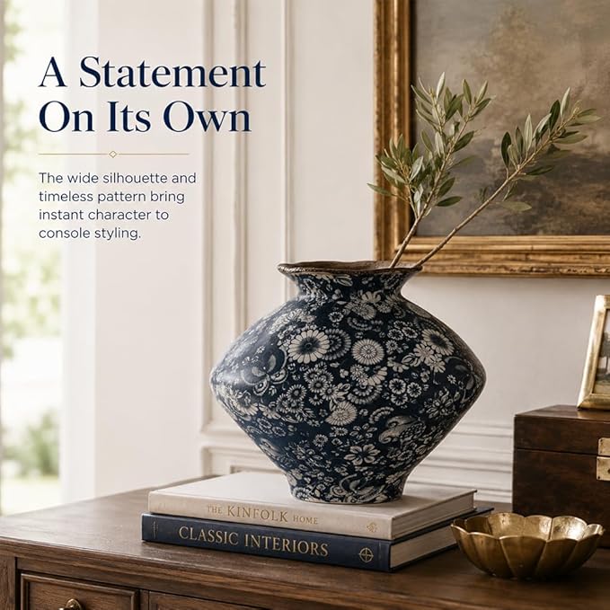 Large Wabi Sabi Blue and White Vintage Ceramic Vase, 9.8" Rustic Pottery Vase for Centerpieces, Chinoiserie Decorative Flower Vases for Table, Living Room, Bathroom, Kitchen, Farmhouse Home Decor Gift