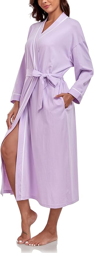 COLORFULLEAF 100% Cotton Women's Robes Summer Lightweight Kimono Soft Long Cotton Bathrobe for Women with Pockets