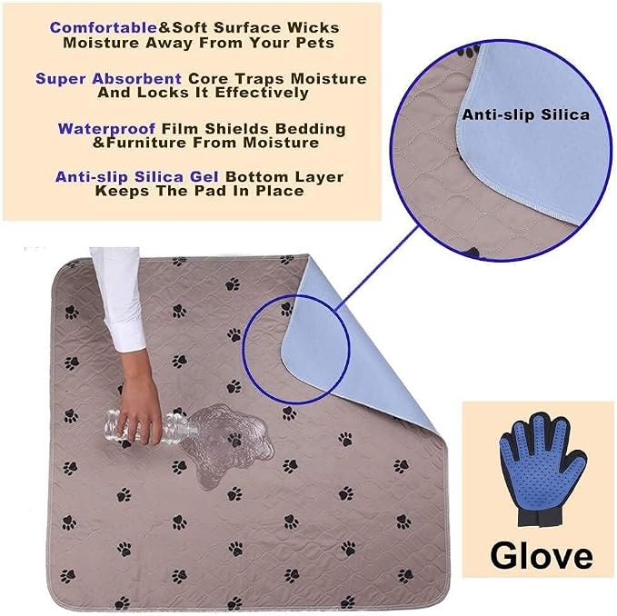Washable Dog Pee Pads with Puppy Grooming Gloves,Puppy Pads,Reusable Pet Training Pads,Large Dog Pee Pad,Waterproof Pet Pads for Dog Bed Mat,Super Absorbing Whelping Pads