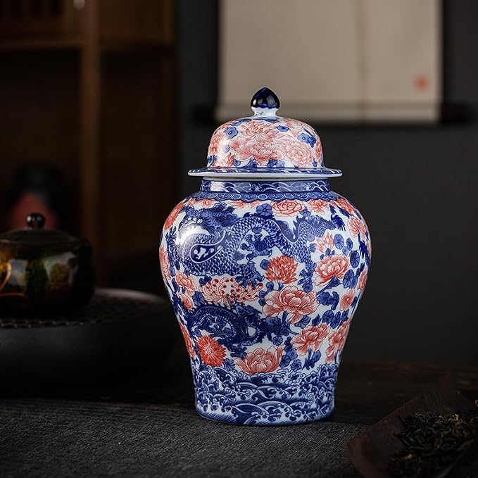 Porcelain Airtight Canister 45 Oz/1350ml, Blue White with Red Glazed Ceramic Large Food Storage Jar, Home Décor,Room Office Decoration -Dragon