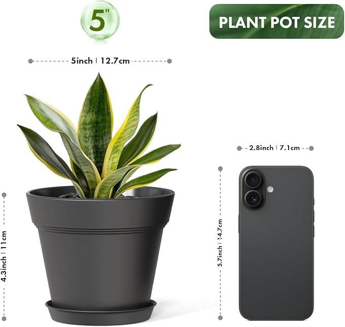 WSMKSZ 5 Inch Plastic Plant Pots with Drainage Holes and Trays – 6 Pack Small Nursery Pots for Indoor & Outdoor House Plants and Flowers, Seedling Starter Planters, Matte Black