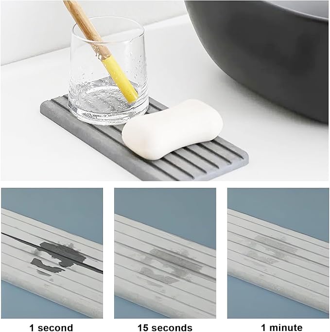 Water Absorbent Diatomite Coasters 12.2 Inch x 5.5 Inch 2 Pcs Grooved Design Diatomaceous Earth Soap Holder Grey Water Absorbing Stone Tray for Sink Cups Plants Cosmetic Bottles