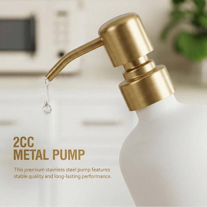 MOMEEMO Kitchen Soap Dispenser Set, Contains Dish Soap Bottle and Hand Soap Bottle with Ceramic Tray, Suitable for Kitchen Decor and Accessories. (Gold)