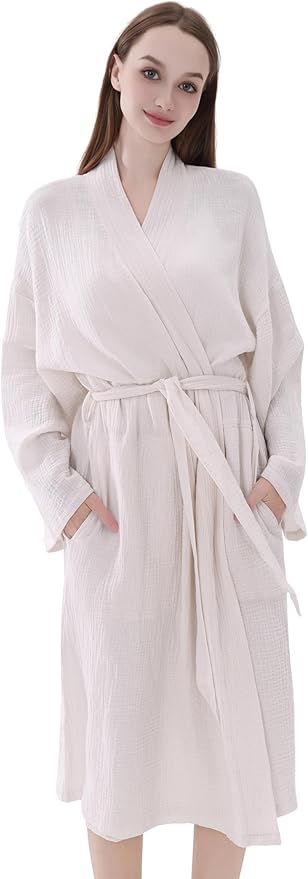 Women's Organic Cotton Bathrobe Long Sleeve Nightgowns Lightweight Waist-Tie Bath Robe for Home Spa Muslin Cotton Beach Wear