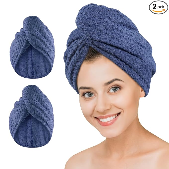 Dolwis Microfiber Hair Drying Towel - 2Packs Waffle Long Hair Head Turban Wraps Terry Cloth Fast Absorbent Dry Anti Frizz Twist Plopping Curly Shower Turban for Women Wet Hair (Dark Blue)