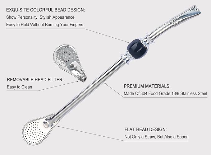 Premium Yerba Mate Straws - Reusable Stainless Steel Bombilla Straw with Colorful Beads - Set with Removable Head Filter (Black & White)