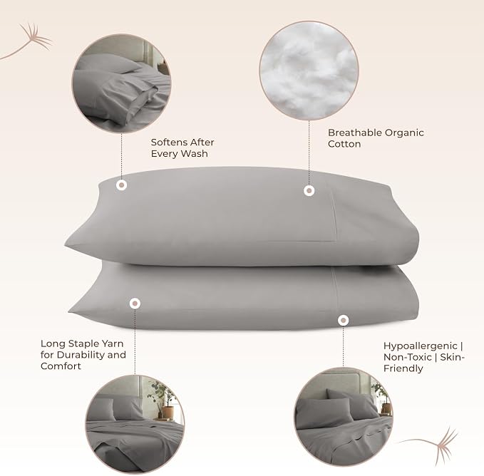 100% Organic Cotton Pillow Cases Standard Size Set of 2-100% Cotton Pillowcases GOTS Certified 300 Thread Count - Naturally Cooling Comfortable Breathable & Soft Pillow Cases (Stone, Standard)