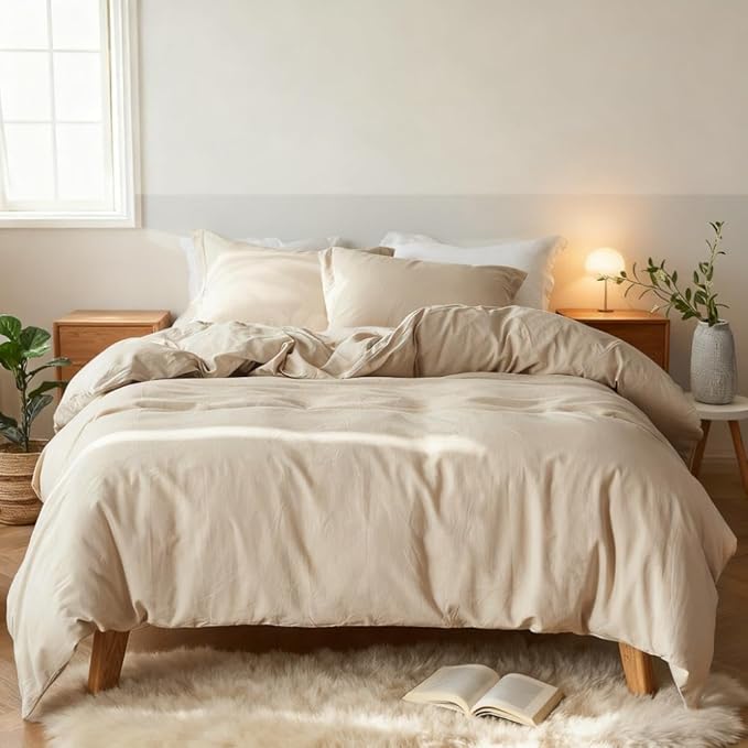 Simple&Opulence French Linen Duvet Cover Set 88" x 92"- 3 Pieces (1 Comforter Cover,2 Pillowcases)- Natural Flax Cotton Blend-Solid Color Breathable Farmhouse Bedding-Linen/Beige, Queen