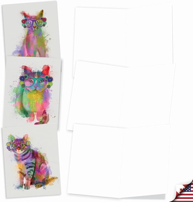 The Best Card Company - Assorted Kittens Watercolor Blank Greeting Box Set - Incl. 10 Unique Design Notecards + Envelopes for Thank You, Invitation - Funky Rainbow Cats AM6199OCB-B1x10