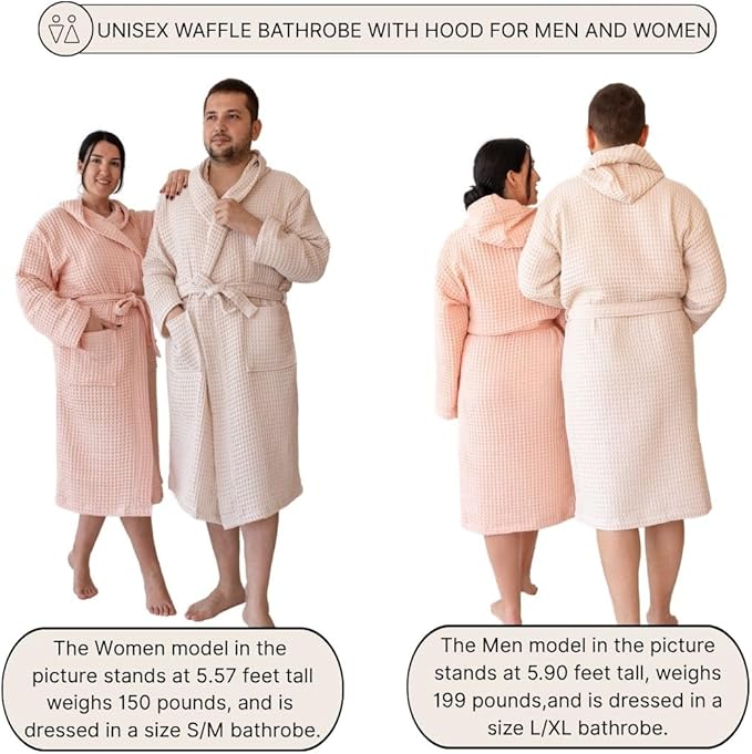Unisex Hooded Waffle Robe for Women & Men 100% Turkish Cotton | Quick-Dry Bathrobe | Cozy Housecoat for Lounging