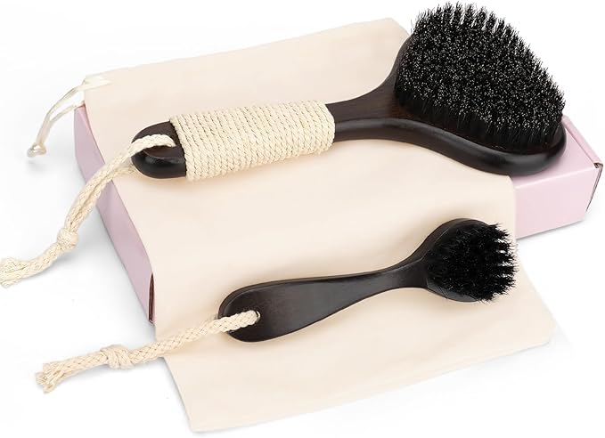 eaxun Bamboo Dry Brushing Set with Body and Face Brush, Dry Scrub Brush with Exfoliating Natural Boar Bristle for Lymphatic Drainage, Cellulite Reduction, Blood Circulation and Glowing Skin, 2 Pack