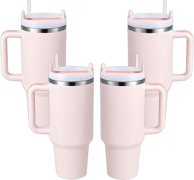 Pandance 4 Pack 40 oz Tumbler with Handle and Straw Bulk, Quartz | Stainless Steel Vacuum Insulated Travel Mug, Sturdy Screw-on lid, Cup Holder Friendly, Large Capacity Cup For Iced Coffee