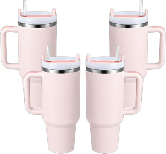 Pandance 4 Pack 40 oz Tumbler with Handle and Straw Bulk, Quartz | Stainless Steel Vacuum Insulated Travel Mug, Sturdy Screw-on lid, Cup Holder Friendly, Large Capacity Cup For Iced Coffee
