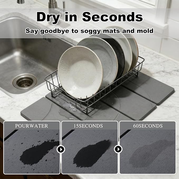 23.6"×15.7" Diatomaceous Earth Stone Dish Drying Mat, Foldable Super Absorbent Quick Dry Non-Slip Eco-Friendly Pad for Kitchen Counter, Dishes, Cups, Bottles & Utensils, Light Gray