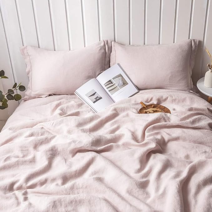 Simple&Opulence 100% Washed Linen Duvet Cover with Embroidered, 3 Pieces Soft Farmhouse Comforter Set with Button Closure,1 Duvet Cover and 2 Pillowshams (Queen,Dusty Pink)