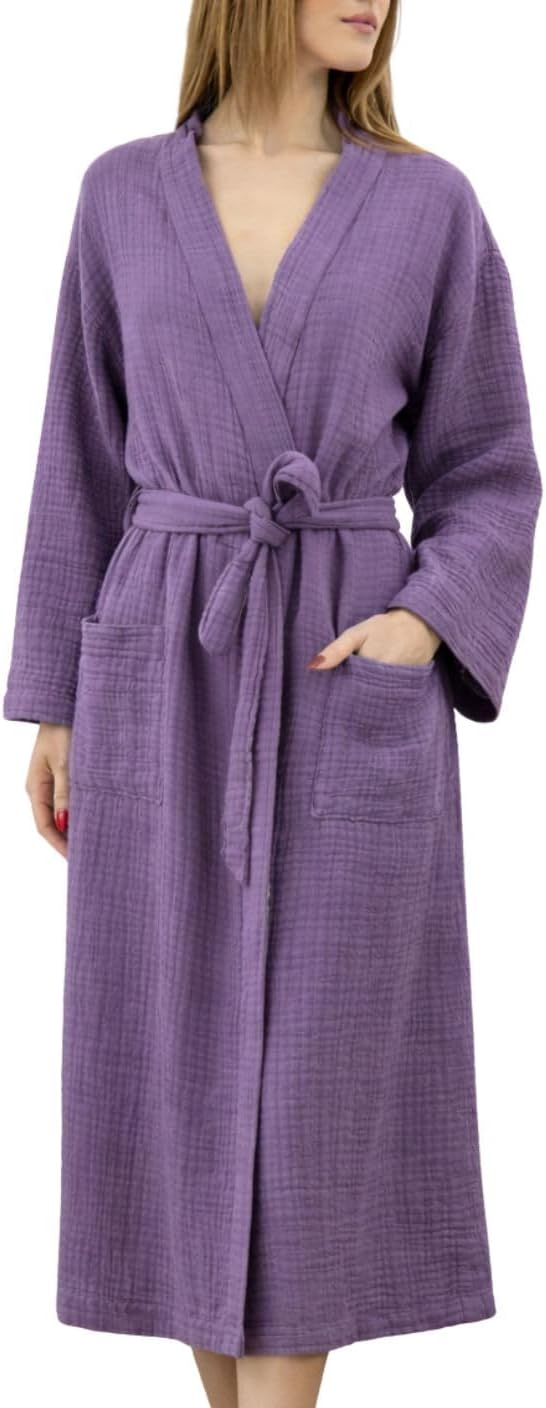 100% Cotton Muslin Kimono Robe for Women, Lightweight Gauze Bathrobe, Soft Breathable Spa Robe