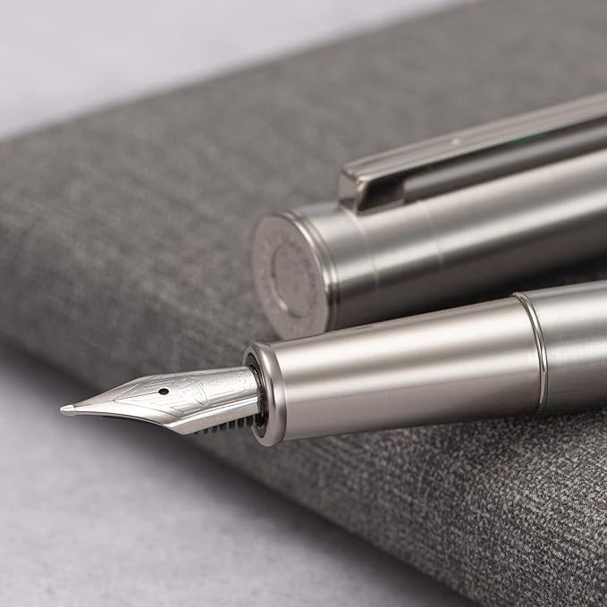 HONG DIAN 1861 Fountain Pen, Long Blade Nib, Silver Stainless Steel Design with Converter and Metal Pen Case Set