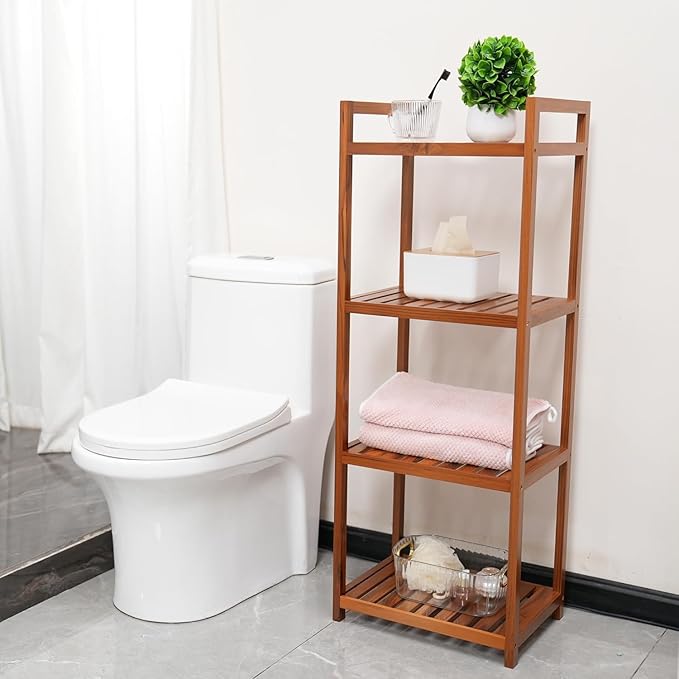 Utoplike Teak Wood Bathroom Shelf Organizer Stand, Standing Shelves Shower Caddy Units, Freestanding 4 Tier Bath Storage for Floor, Kitchen, Office