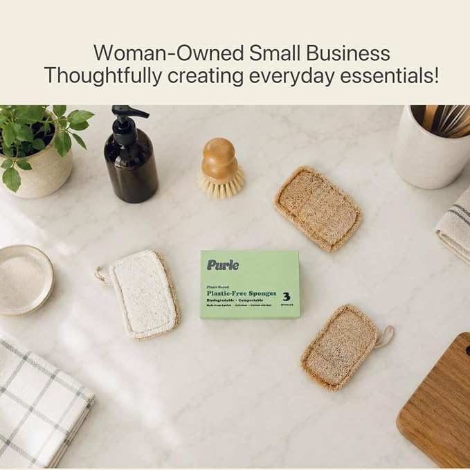 Purle Natural Kitchen Sponges, Eco-Friendly, Compostable Dish Sponges, Loofah & Cellulose Scrubbers, Plastic-Free, Zero-Waste, Biodegradable, Durable, Non-Scratch, Pack of 3