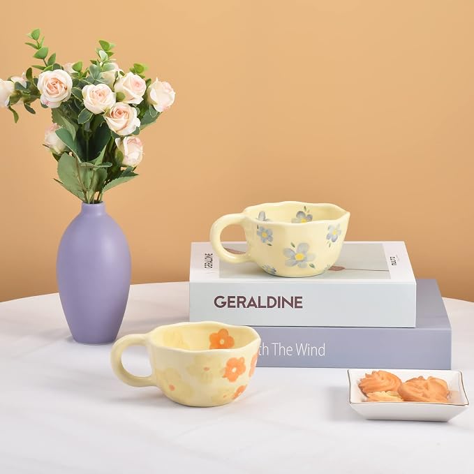 Koythin Ceramic Coffee Mug, Creative Flower Cup for Office and Home, Dishwasher and Microwave Safe, 8.5 oz/250 ml for Latte Tea Milk (Blue Flower)