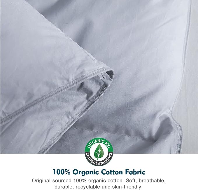 Gray Feathers Down Comforter Full/Queen - 100% Organic Cotton Cover, Medium Warm All Seasons Machine Washable Duvet Insert with Tabs (90x90, Mirage Grey)