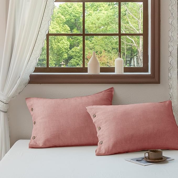 EVERLY 100% Linen Pillowcases Set of 2, French Linen from Normandy, 20X36Inch Standard Size, Natural Color, Coconut Buttons Closure, Flax Pillowshams-Pillowcase-Pink