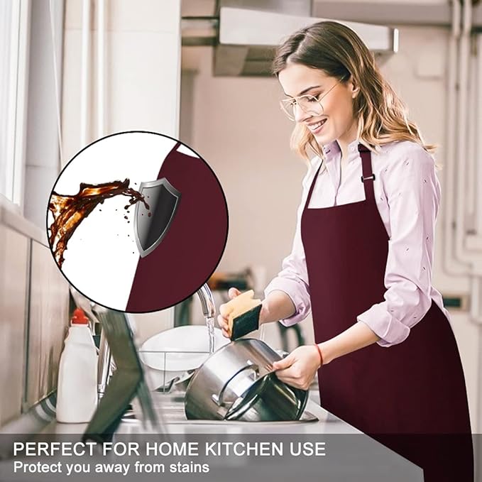 Jubatus 2 Pack 100% Cotton Aprons with 2 Pockets Cooking Chef Kitchen Adjustable Bib Apron for Women Men, Wine Red