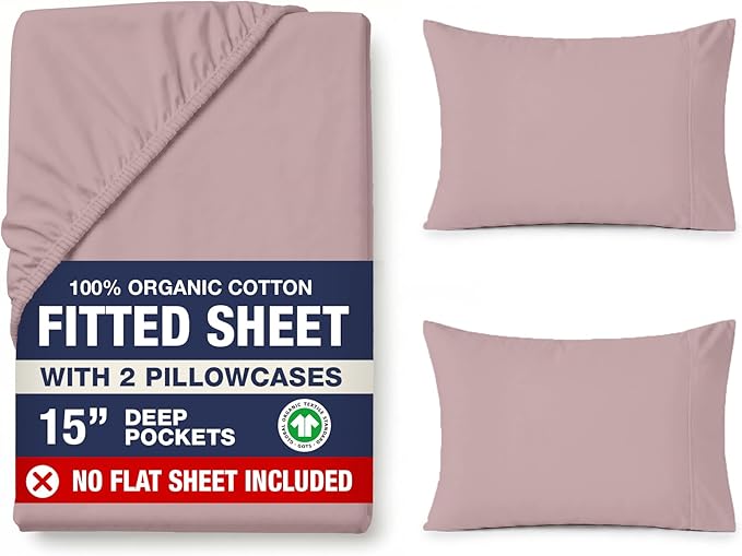 LANE LINEN 100% Organic Cotton Fitted Bed Sheets (+Pillowcase) 3 Pc Set Soft & Comfy Fully Elasticized Mercerized Cotton Deep Pocket Queen Fitted Sheet Fits Mattress Upto 15" Deep - Lilac